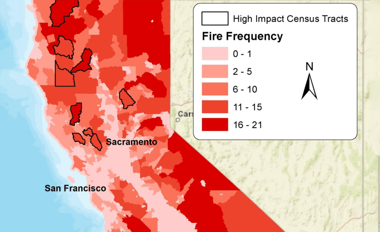 a map showing fire frequency and high impact census tracts